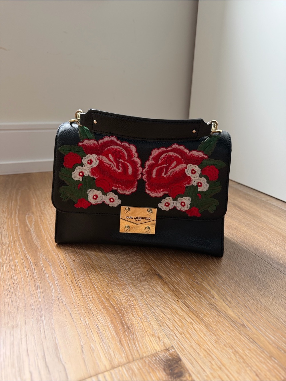 Karl Lagerfeld Black Leather Satchel with Red Floral Embroidery - Picture 2 of 7